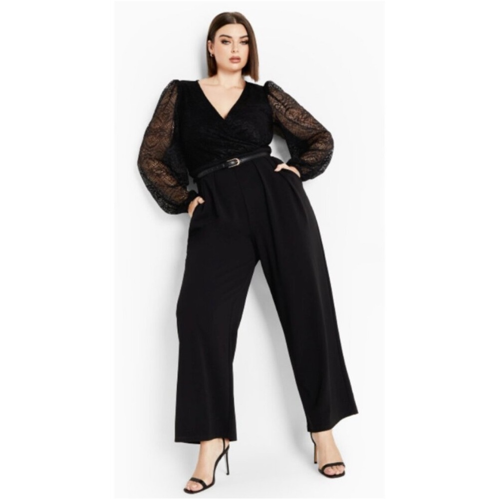 City Chic Katalina Black Jumpsuit Size 14 Plus Size Long Sleeve Lace‎ Wide Leg